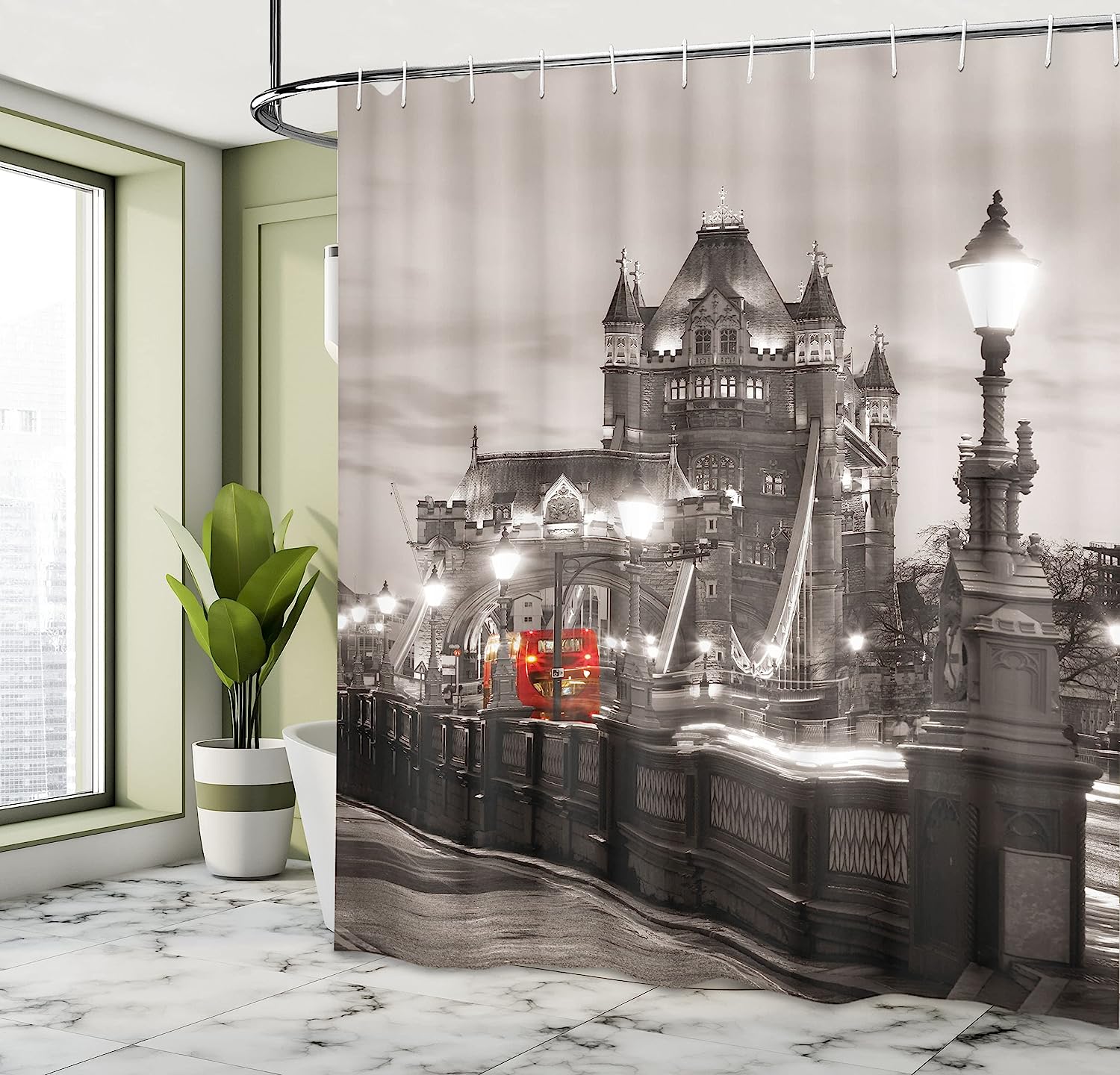 Taupe Grey Red London Theme Urban Life Scenery Shower Curtain Featuring Tower Bridge - Image 4