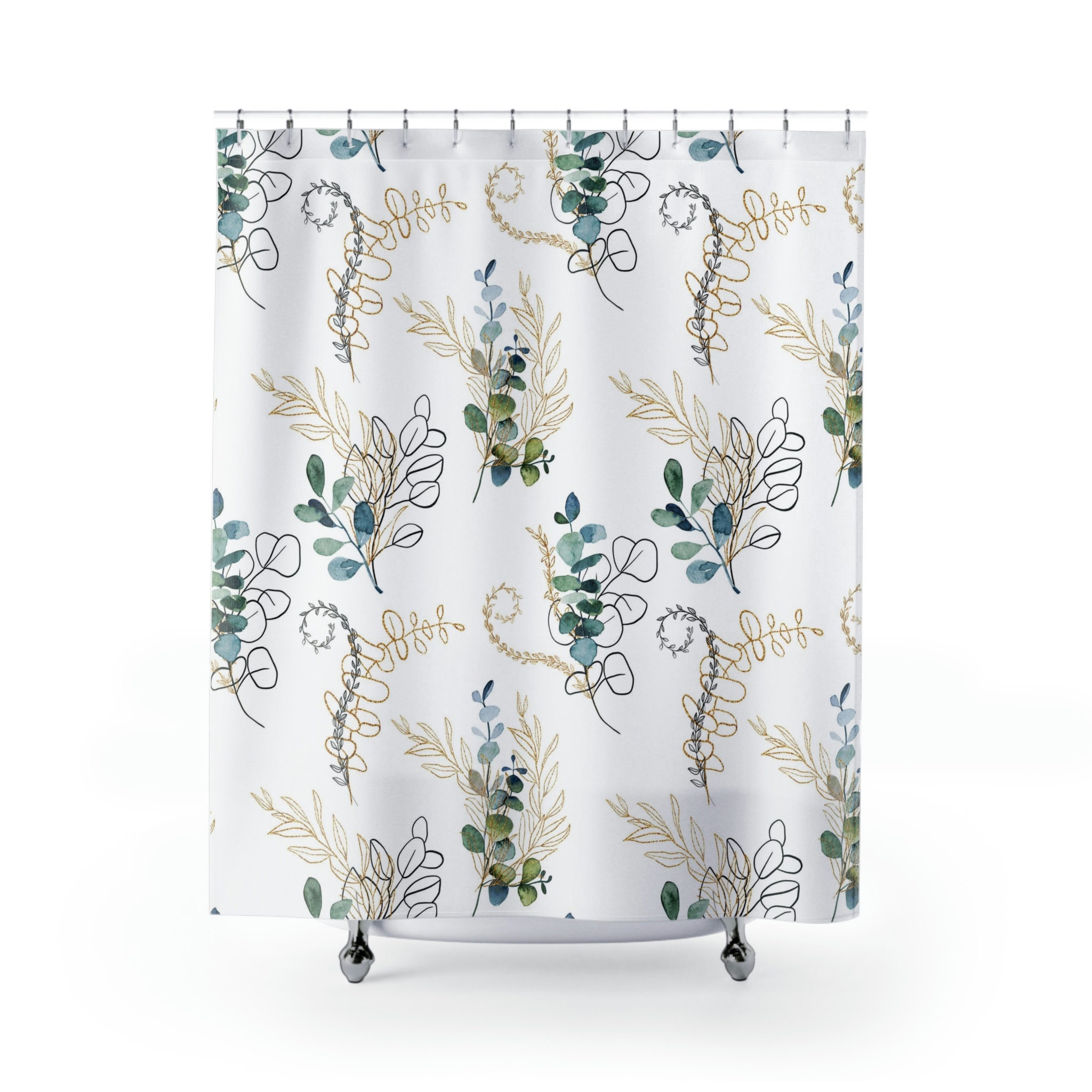 Teal Blue And Green Eucalyptus Boho Shower Curtain For Nature Inspired Bathroom Decor