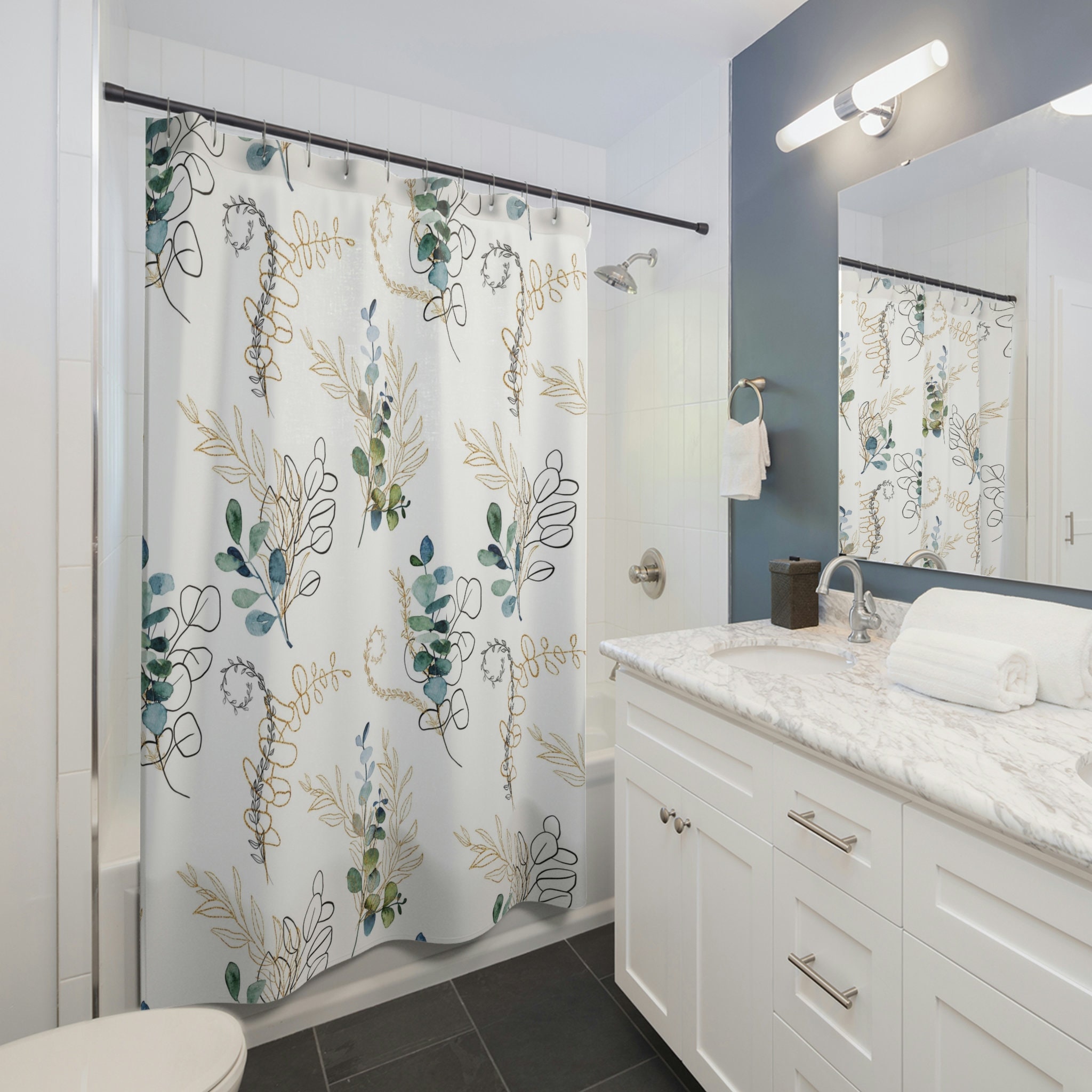 Teal Blue And Green Eucalyptus Boho Shower Curtain For Nature Inspired Bathroom Decor