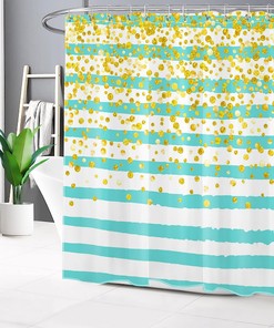 Teal Blue And White Striped Shower Curtain, Gold Geometric Pattern Modern Art Bathroom Decor - Ecotob