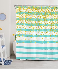 Teal Blue And White Striped Shower Curtain, Gold Geometric Pattern Modern Art Bathroom Decor - Ecotob