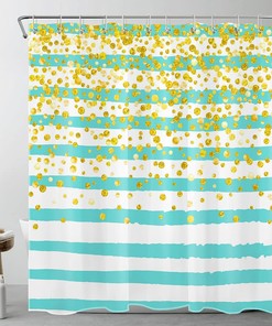 Teal Blue And White Striped Shower Curtain, Gold Geometric Pattern Modern Art Bathroom Decor - Ecotob