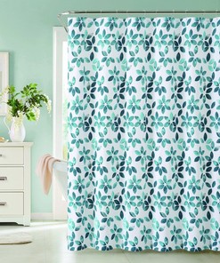 Teal Blue Flower Fabric Shower Curtain with Natural Look