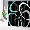 Teal Blue Geometric Shower Curtain, Abstract Grey And White Circle On Black Fabric Bathroom Curtains Set 