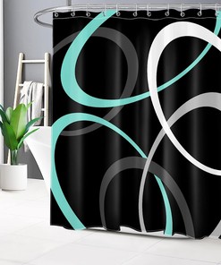 Teal Blue Geometric Shower Curtain, Abstract Grey And White Circle On Black Fabric Bathroom Curtains Set 