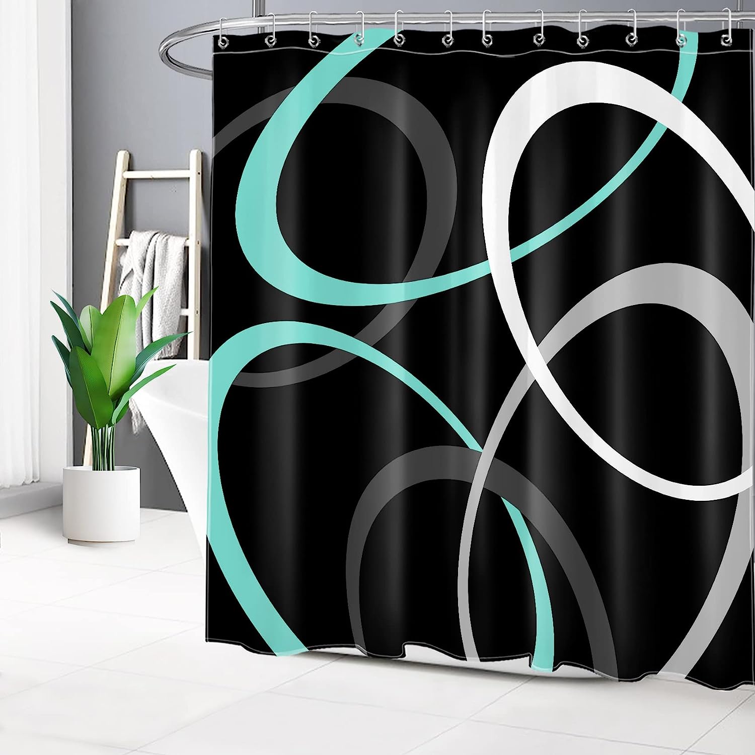 Teal Blue Geometric Shower Curtain, Abstract Grey And White Circle On Black Fabric Bathroom Curtains Set