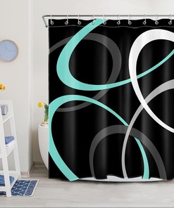 Teal Blue Geometric Shower Curtain, Abstract Grey And White Circle On Black Fabric Bathroom Curtains Set