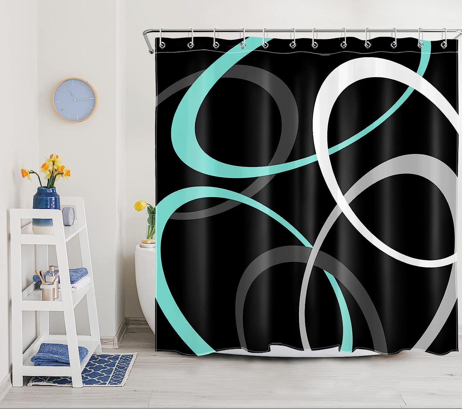 Teal Blue Geometric Shower Curtain, Abstract Grey And White Circle On Black Fabric Bathroom Curtains Set