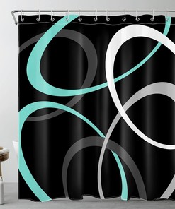 Teal Blue Geometric Shower Curtain, Abstract Grey And White Circle On Black Fabric Bathroom Curtains Set