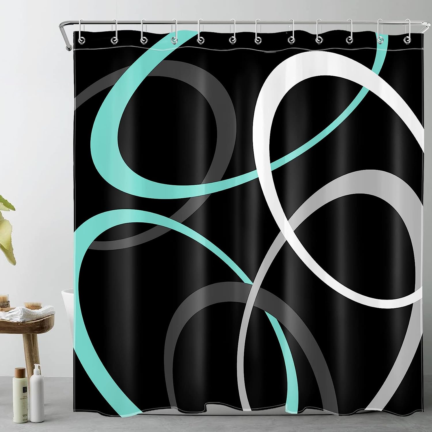 Teal Blue Geometric Shower Curtain, Abstract Grey And White Circle On Black Fabric Bathroom Curtains Set
