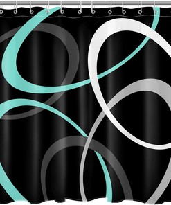 Teal Blue Geometric Shower Curtain, Abstract Grey And White Circle On Black Fabric Bathroom Curtains Set