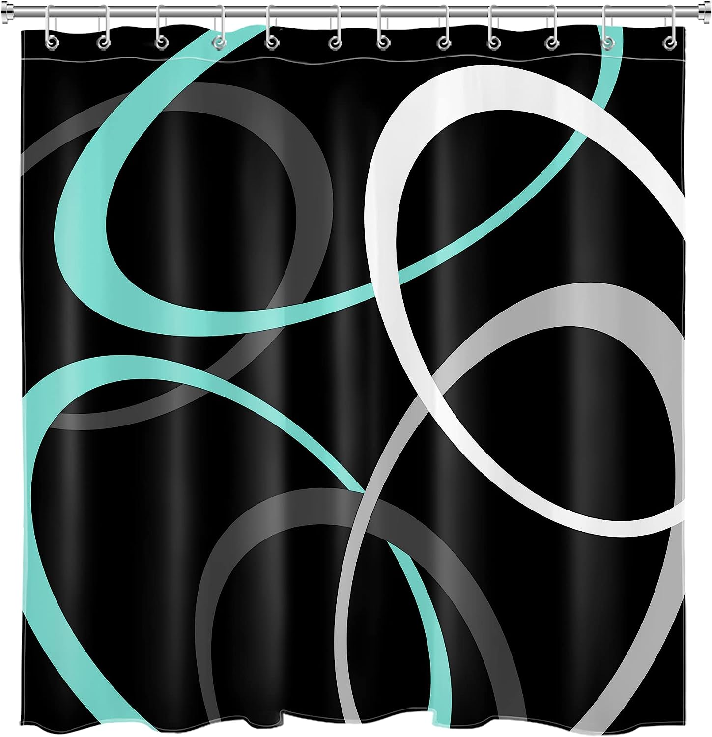 Teal Blue Geometric Shower Curtain, Abstract Grey And White Circle On Black Fabric Bathroom Curtains Set