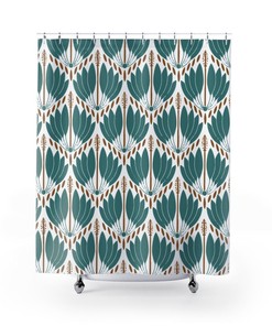 Teal Blue Green & White Abstract Fan Pattern Art Nouveau Shower Curtain - Custom Durable Fabric