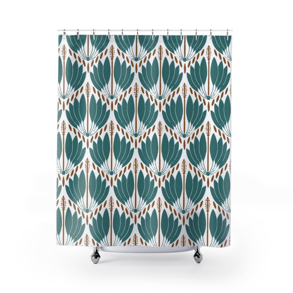 Teal Blue Green & White Abstract Fan Pattern Art Nouveau Shower Curtain - Custom Durable Fabric