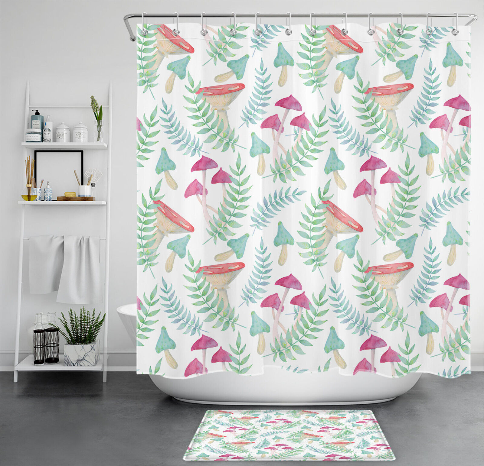 Teal Blue Leaf Red Mushroom Shower Curtain Set For A Botanical Bathroom