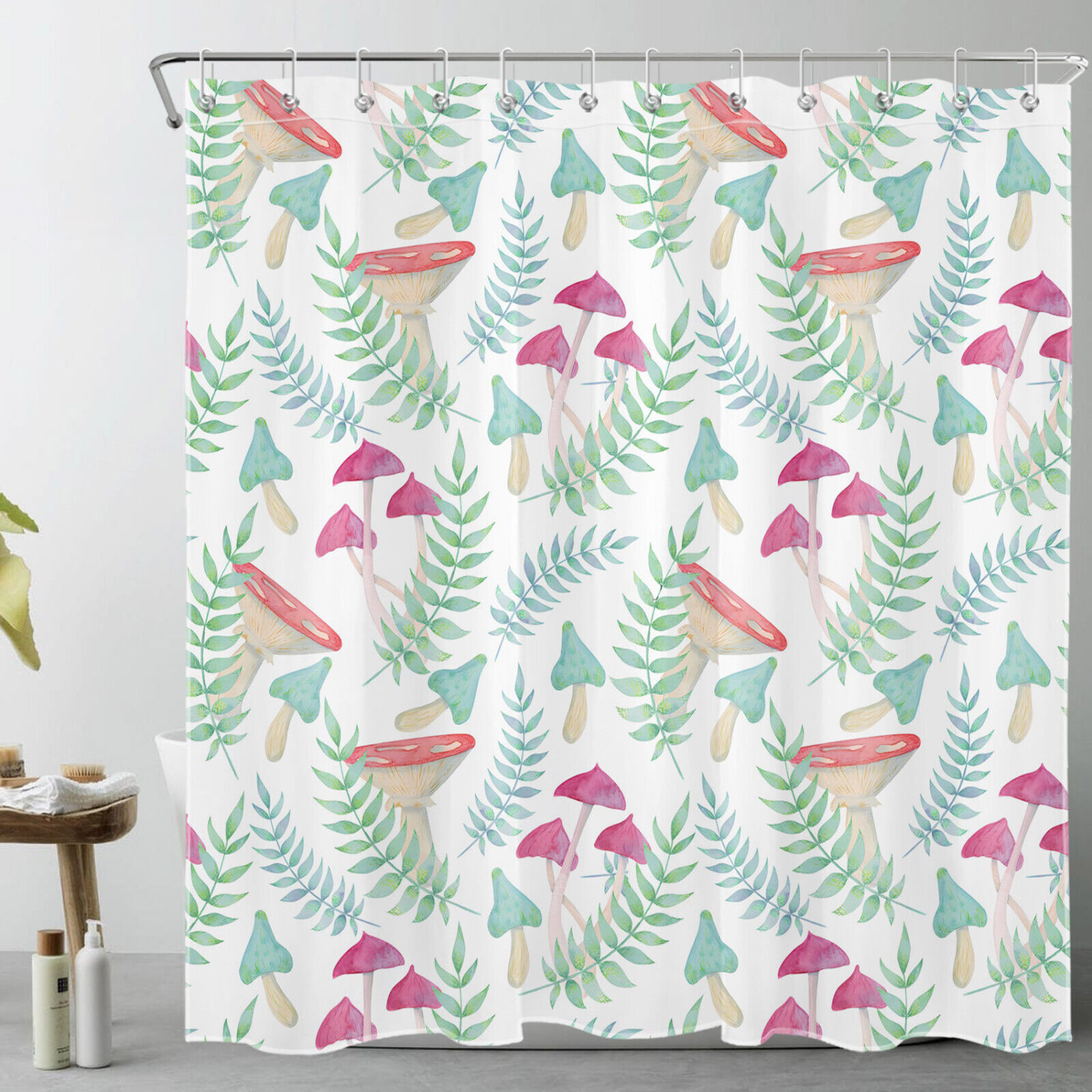 Teal Blue Leaf Red Mushroom Shower Curtain Set For A Botanical Bathroom - Image 2