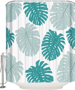 Teal Blue Monstera Leaf Print Shower Curtain for a Tropical-inspired Bathroom