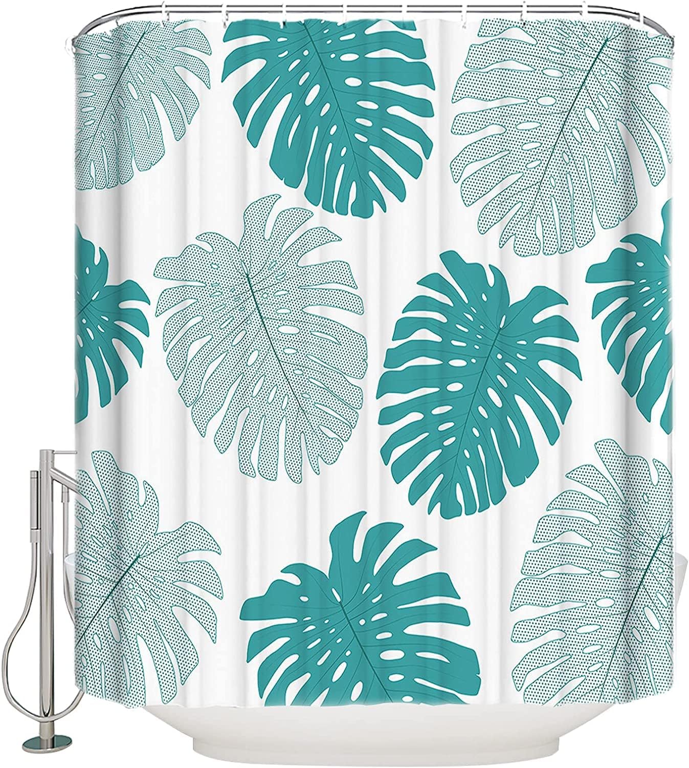 Teal Blue Monstera Leaf Print Shower Curtain for a Tropical-inspired Bathroom