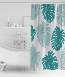 Teal Blue Monstera Leaf Print Shower Curtain for a Tropical-inspired Bathroom