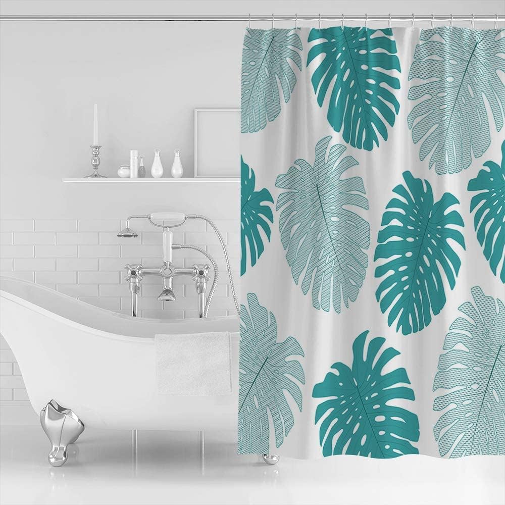 Teal Blue Monstera Leaf Print Shower Curtain for a Tropical-inspired Bathroom