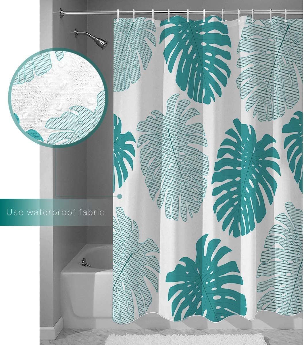 Teal Blue Monstera Leaf Print Shower Curtain for a Tropical-inspired Bathroom