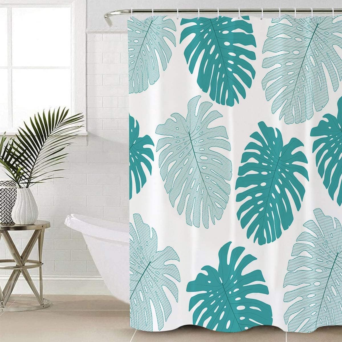 Teal Blue Monstera Leaf Print Shower Curtain for a Tropical-inspired Bathroom