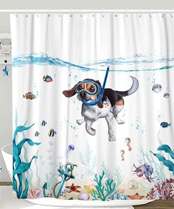 Teal Blue Sea Animal Printed Waterproof Fabric Shower Curtain for Funny Bathroom Decor
