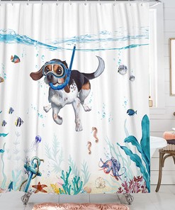 Teal Blue Sea Animal Printed Waterproof Fabric Shower Curtain for Funny Bathroom Decor