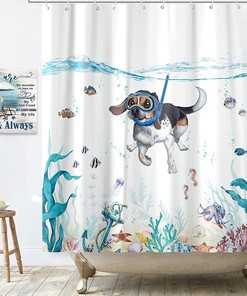 Teal Blue Sea Animal Printed Waterproof Fabric Shower Curtain for Funny Bathroom Decor