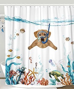 Teal Blue Sea Funny Dog Shower Curtain With Waterproof Fabric And Nautical Animal Prints For A Relaxing Bathroom Decor