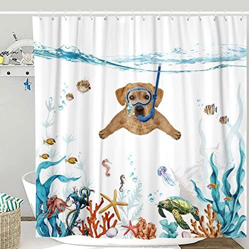 Teal Blue Sea Funny Dog Shower Curtain With Waterproof Fabric And Nautical Animal Prints For A Relaxing Bathroom Decor