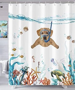 Teal Blue Sea Funny Dog Shower Curtain With Waterproof Fabric And Nautical Animal Prints For A Relaxing Bathroom Decor