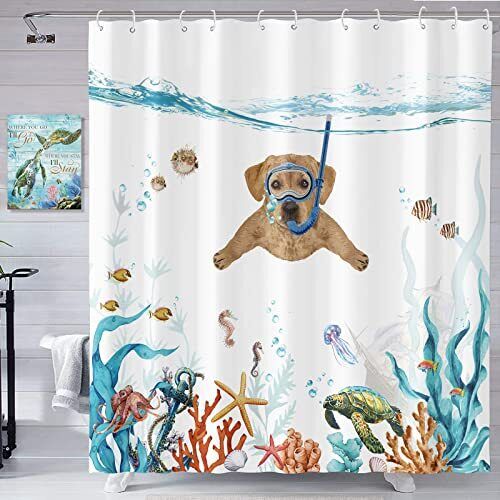 Teal Blue Sea Funny Dog Shower Curtain With Waterproof Fabric And Nautical Animal Prints For A Relaxing Bathroom Decor