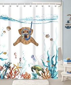 Teal Blue Sea Funny Dog Shower Curtain With Waterproof Fabric And Nautical Animal Prints For A Relaxing Bathroom Decor