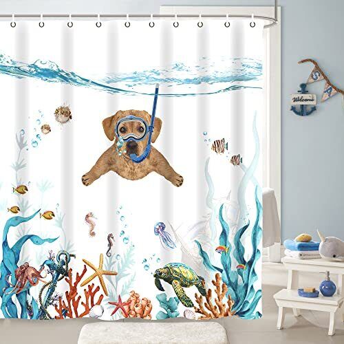 Teal Blue Sea Funny Dog Shower Curtain With Waterproof Fabric And Nautical Animal Prints For A Relaxing Bathroom Decor