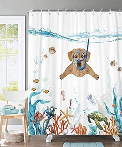 Teal Blue Sea Funny Dog Shower Curtain With Waterproof Fabric And Nautical Animal Prints For A Relaxing Bathroom Decor