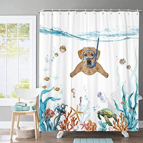 Teal Blue Sea Funny Dog Shower Curtain With Waterproof Fabric And Nautical Animal Prints For A Relaxing Bathroom Decor