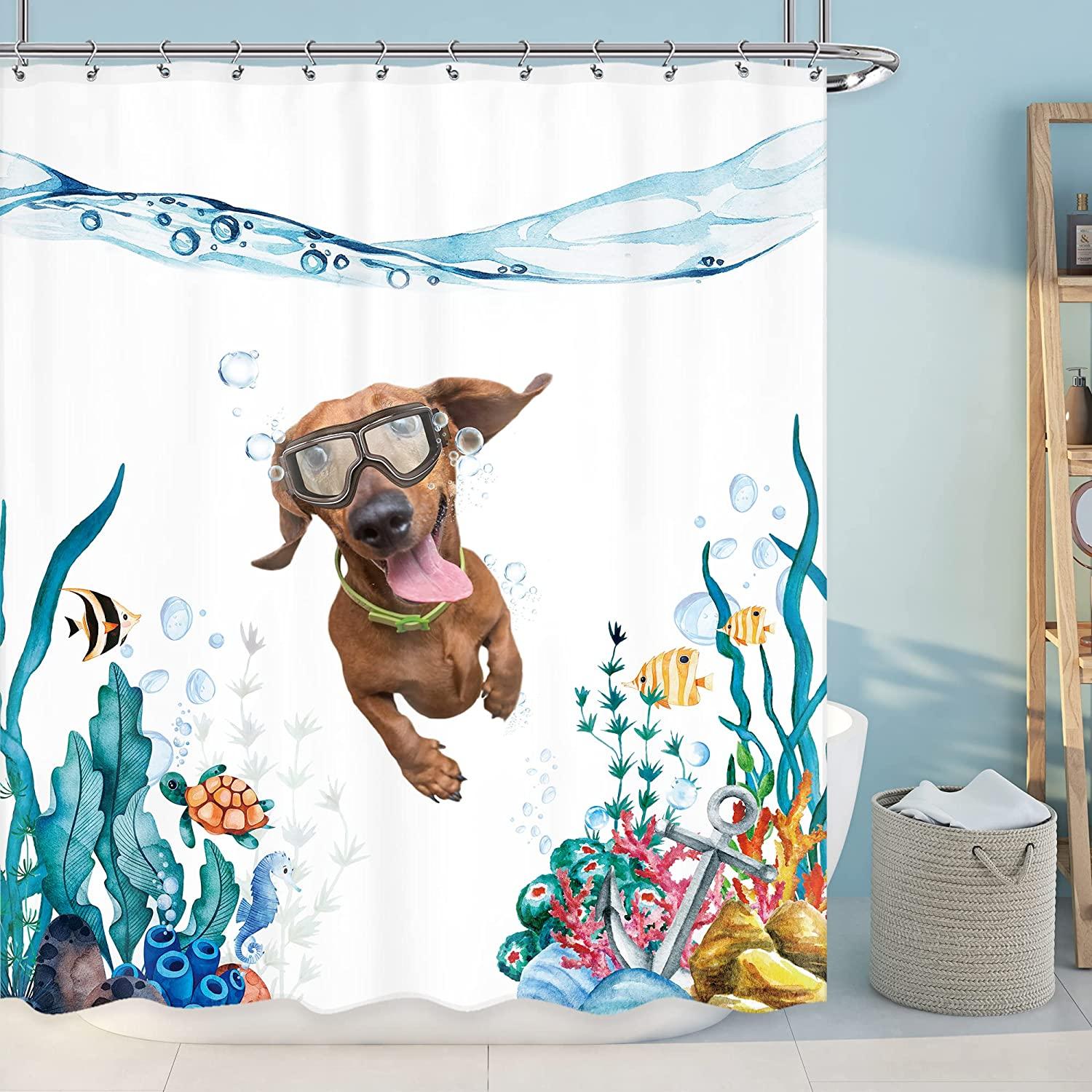 Teal Blue Sea Ocean Nautical Dog Shower Curtain - Cute And Fun Bathroom Decor