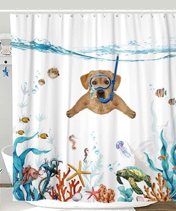 Teal Blue Sea Ocean Waterproof Fabric Dog Shower Curtain - Cute And Fun Bathroom Decor