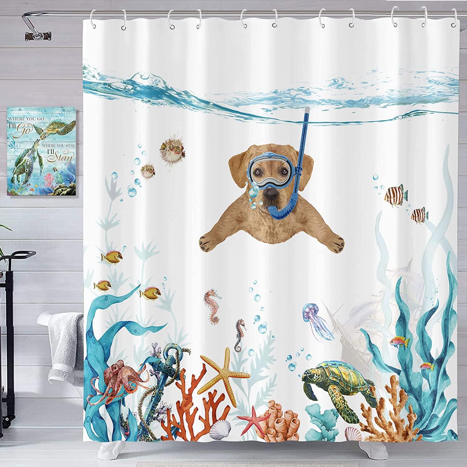 Teal Blue Sea Ocean Waterproof Fabric Dog Shower Curtain - Cute And Fun Bathroom Decor