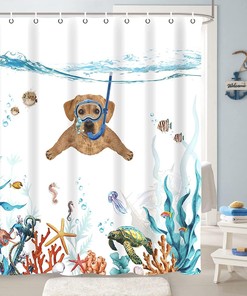 Teal Blue Sea Ocean Waterproof Fabric Dog Shower Curtain - Cute And Fun Bathroom Decor