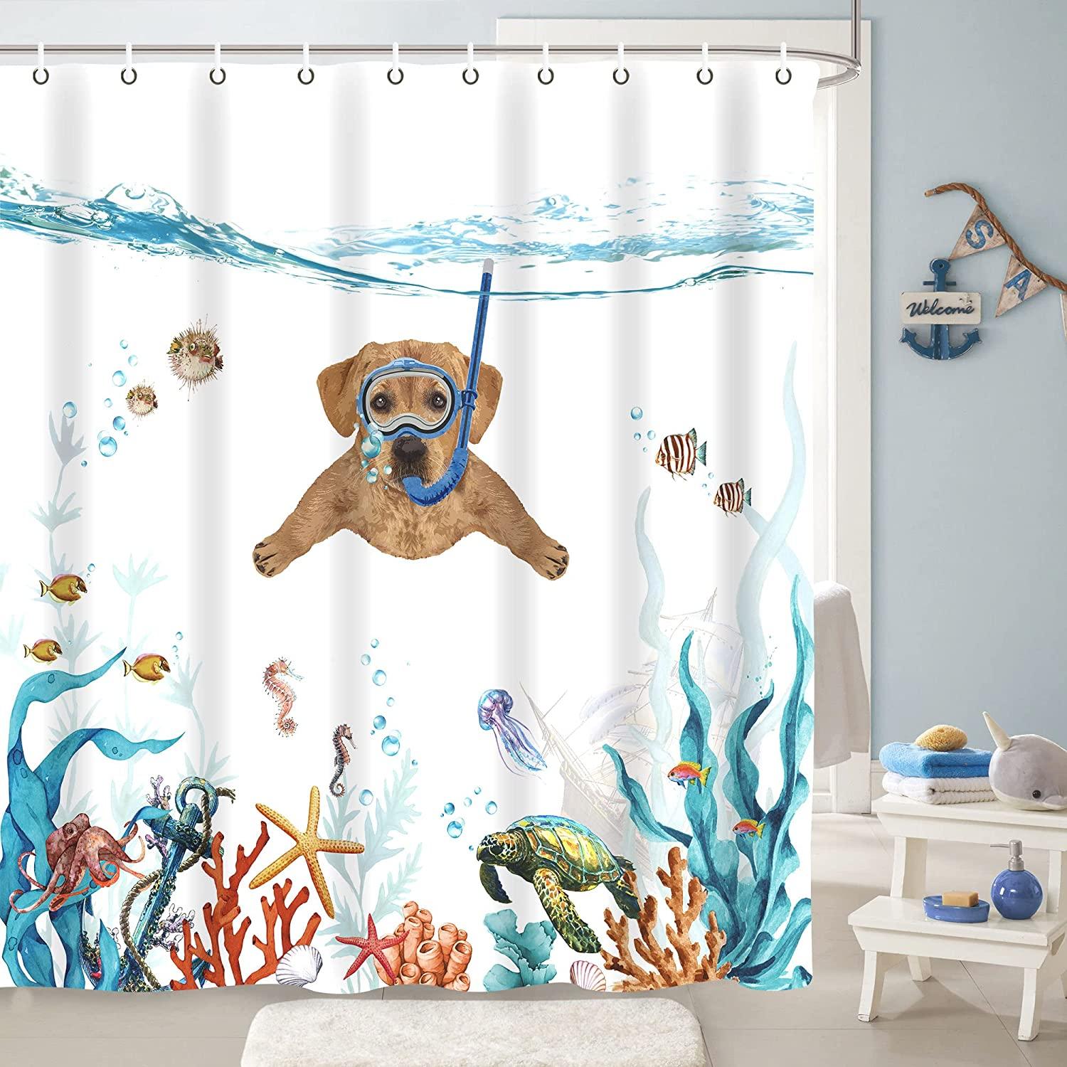Teal Blue Sea Ocean Waterproof Fabric Dog Shower Curtain - Cute And Fun Bathroom Decor