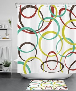 Teal Blue and Red Shower Curtain with Abstract Geometric Design