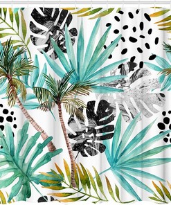 Teal Botanical Monstera Leaf Palm Tree Tropical Palm Leaf Shower Curtain for Bathroom Decor 