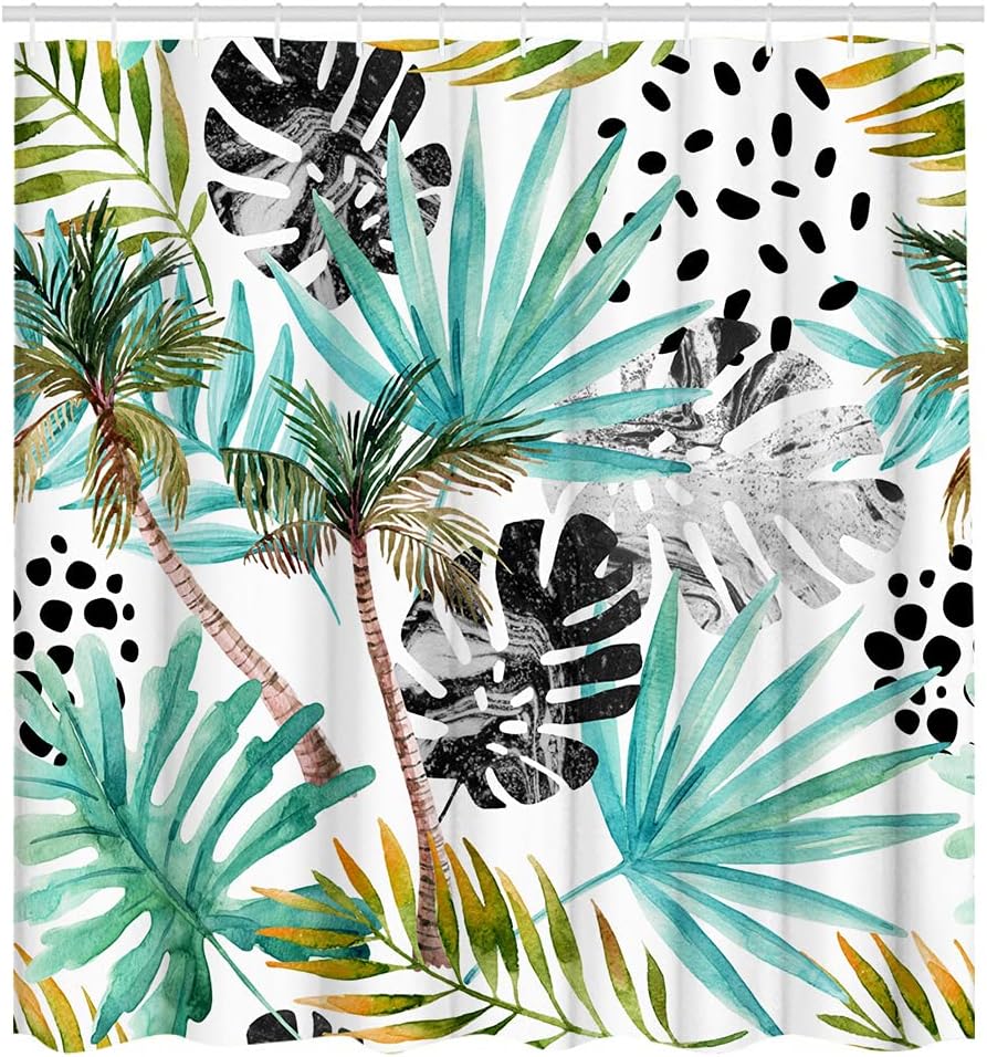 Teal Botanical Monstera Leaf Palm Tree Tropical Palm Leaf Shower Curtain for Bathroom Decor