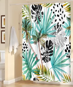 Teal Botanical Monstera Leaf Palm Tree Tropical Palm Leaf Shower Curtain for Bathroom Decor