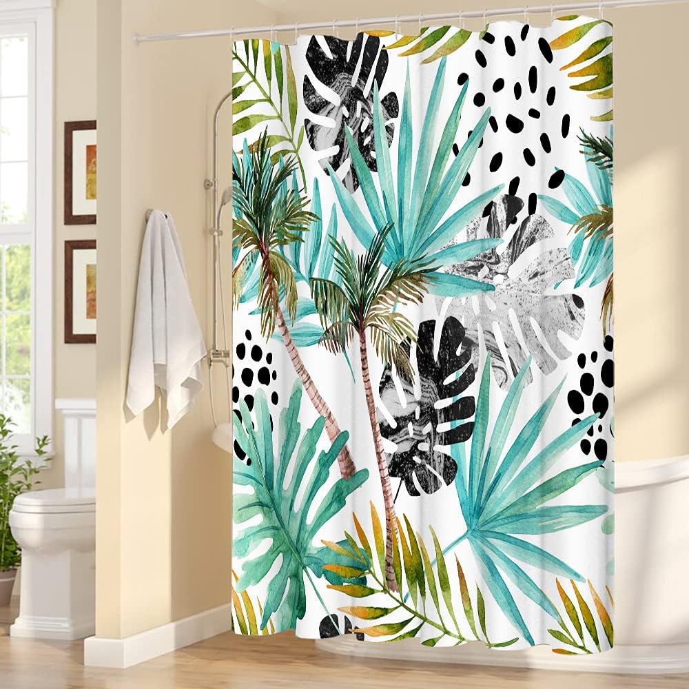 Teal Botanical Monstera Leaf Palm Tree Tropical Palm Leaf Shower Curtain for Bathroom Decor