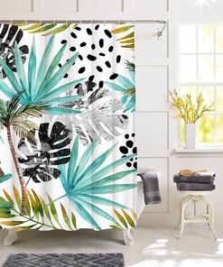 Teal Botanical Monstera Leaf Palm Tree Tropical Palm Leaf Shower Curtain for Bathroom Decor