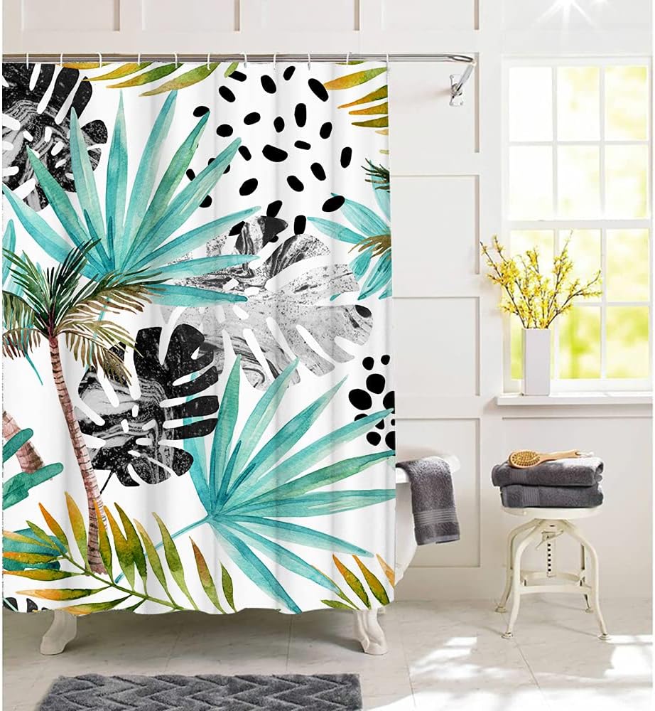 Teal Botanical Monstera Leaf Palm Tree Tropical Palm Leaf Shower Curtain for Bathroom Decor