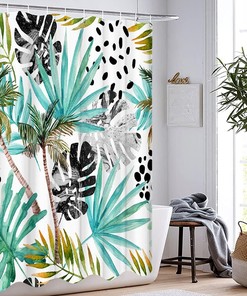 Teal Botanical Monstera Leaf Palm Tree Tropical Palm Leaf Shower Curtain for Bathroom Decor
